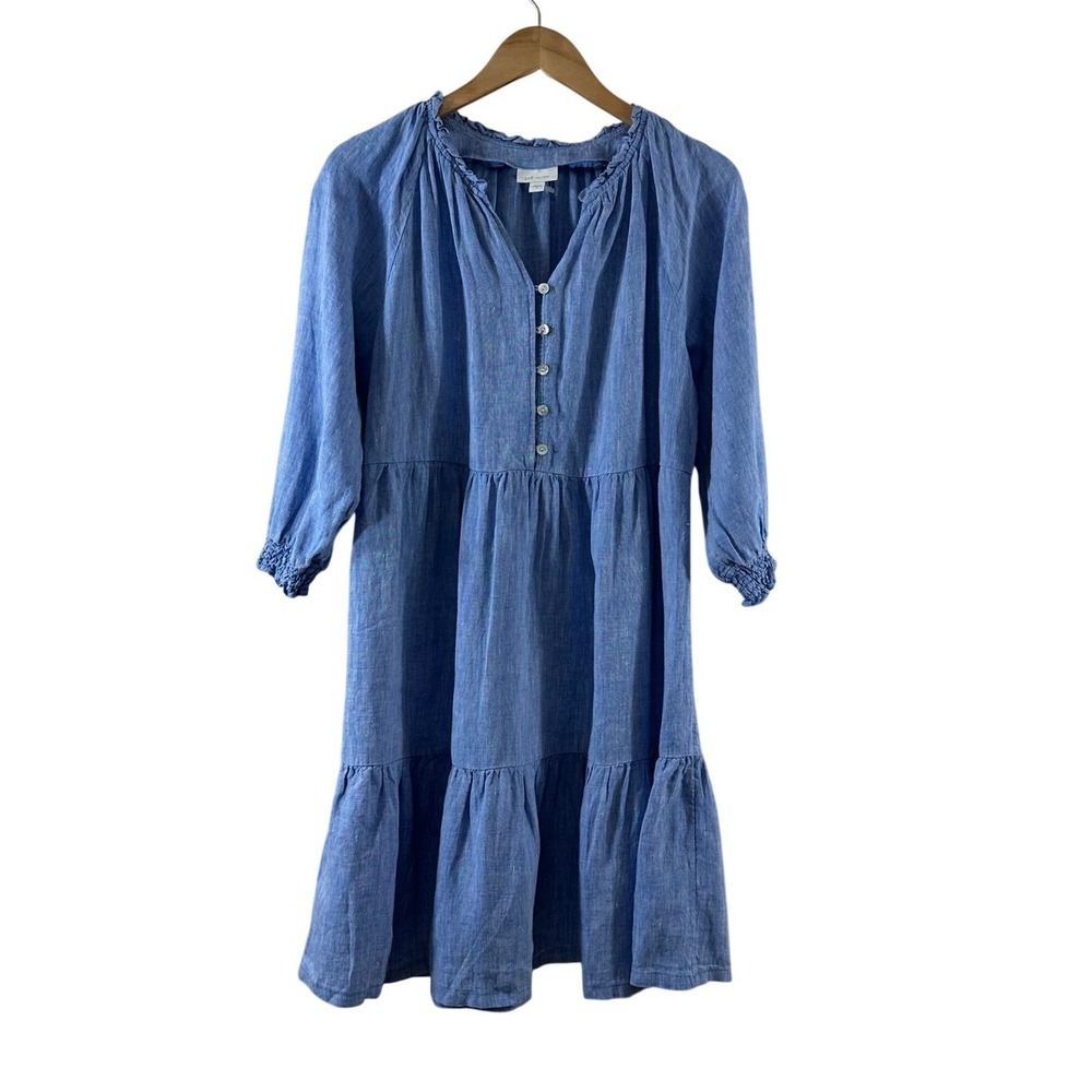 J.Jill Love Linen Blue Tiered Midi Dress 3/4 Sleeve Smocked Cuffs Medium NWOT